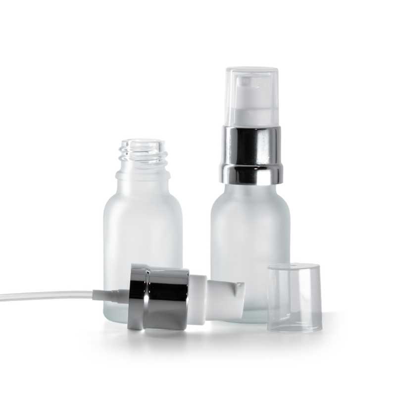Botella de vidrio, esmerilada, dispensador blanco plateado brillante, 15 ml
