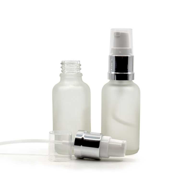 Botella de vidrio, transparente esmerilada, dispensador blanco plateado brillante, 30 ml