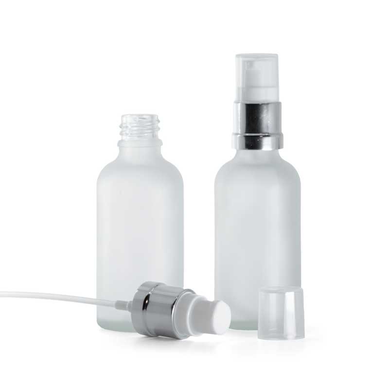 Frasco de vidrio esmerilado transparente, bomba blanca plateada brillante, 50 ml