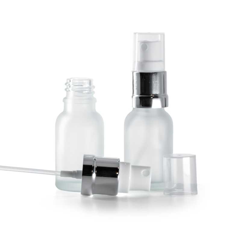 Botella de vidrio esmerilado transparente, pulverizador blanco plateado brillante, 15 ml