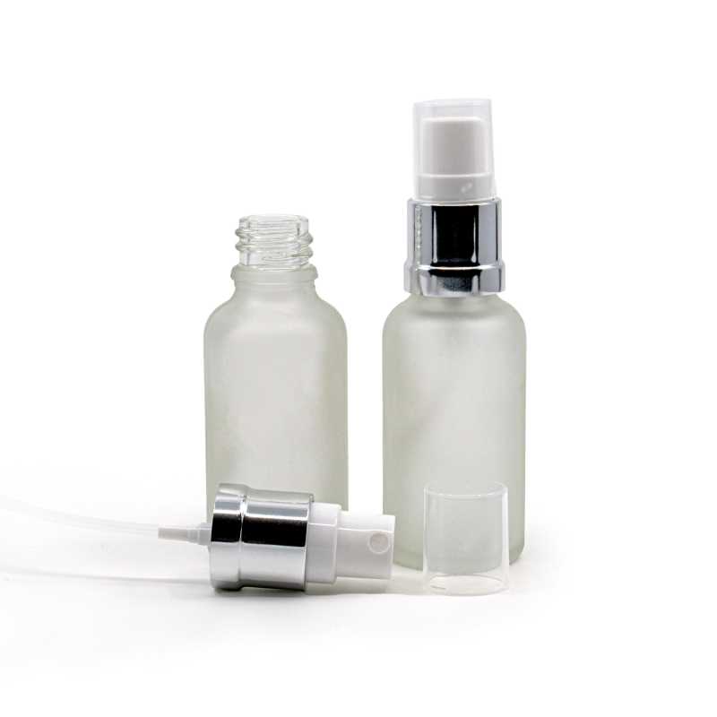 Botella de vidrio, esmerilada transparente, pulverizador blanco plateado, 30 ml