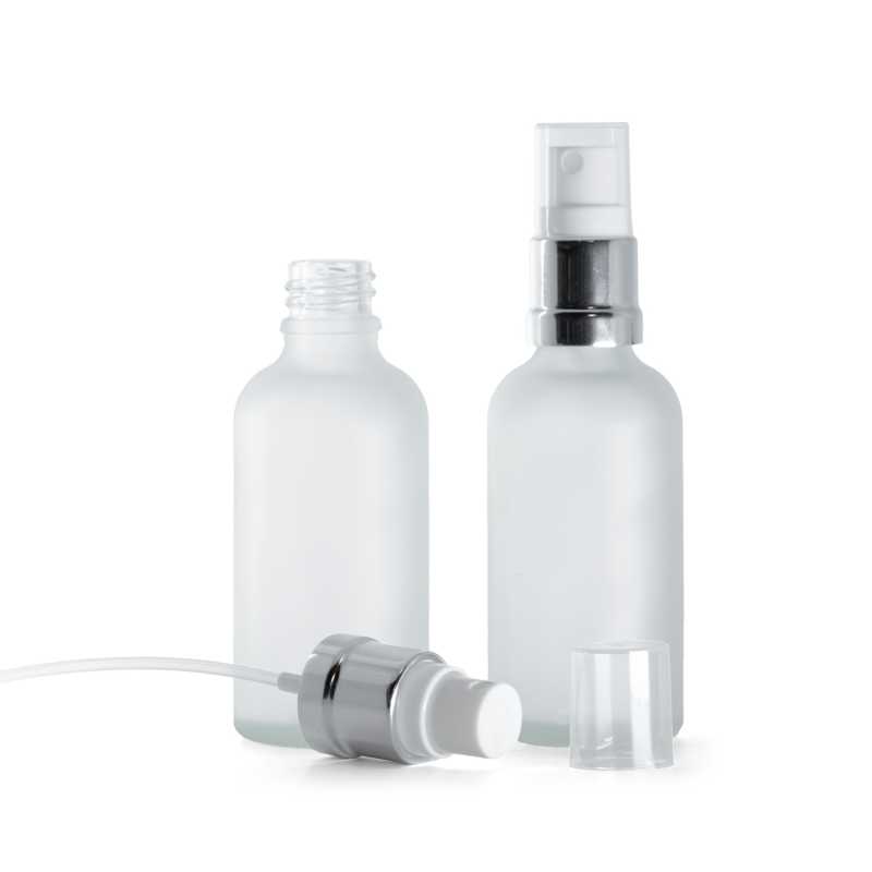 Botella de vidrio esmerilado transparente, pulverizador blanco plateado brillante, 50 ml