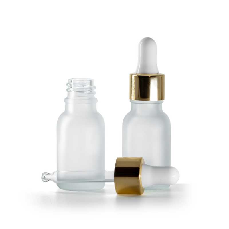 Botella de vidrio esmerilado transparente, cuentagotas blanco dorado, 15 ml