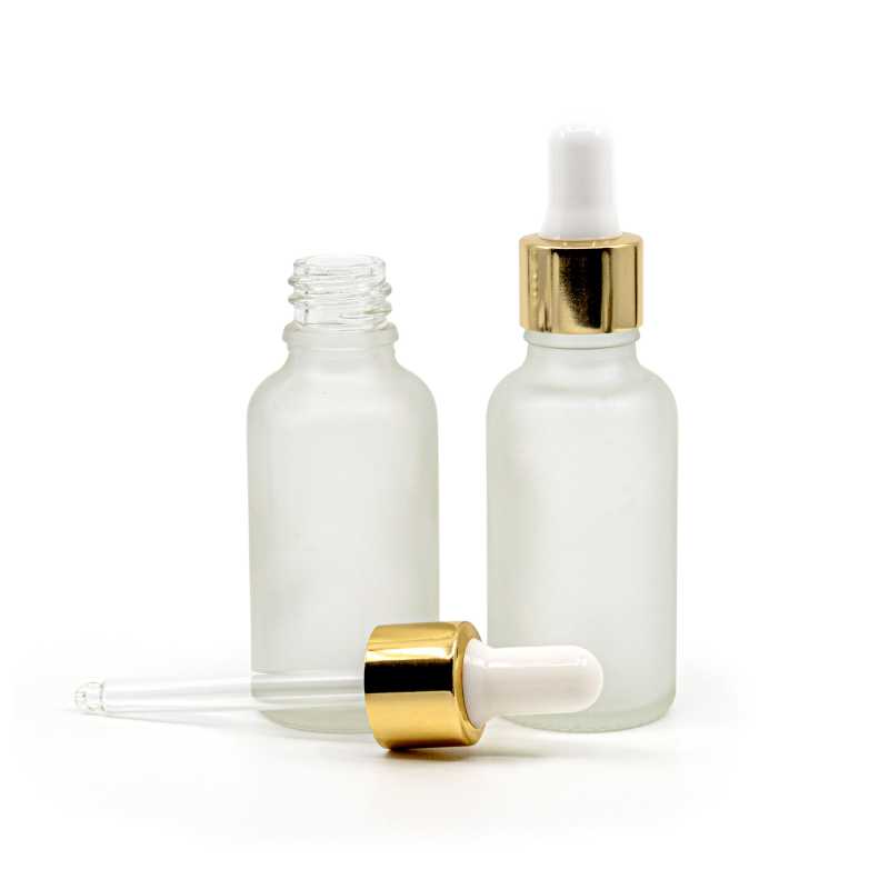 Frasco de vidrio, esmerilado transparente, cuentagotas blanco dorado, 30 ml