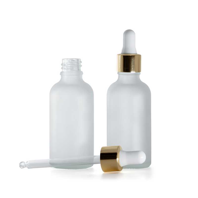 Botella de vidrio, transparente esmerilada, cuentagotas blanco dorado, 50 ml