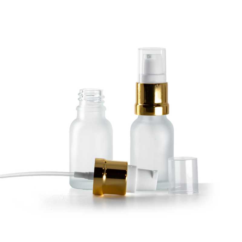 Frasco de vidrio esmerilado transparente, dosificador blanco dorado brillante, 15 ml