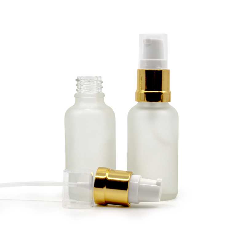 Frasco de vidrio esmerilado transparente, dosificador blanco dorado brillante, 30 ml