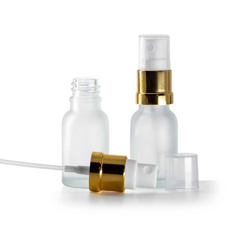 Botella de vidrio, esmerilada, pulverizador blanco y dorado, 15 ml