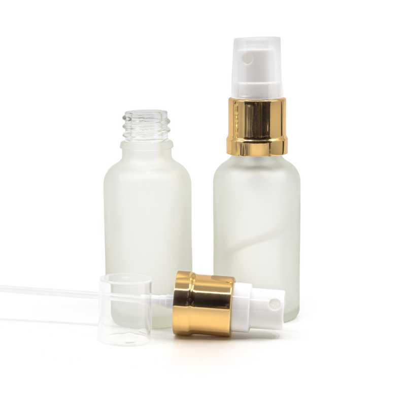 Frasco de vidrio, transparente esmerilado, pulverizador blanco y dorado, 30 ml