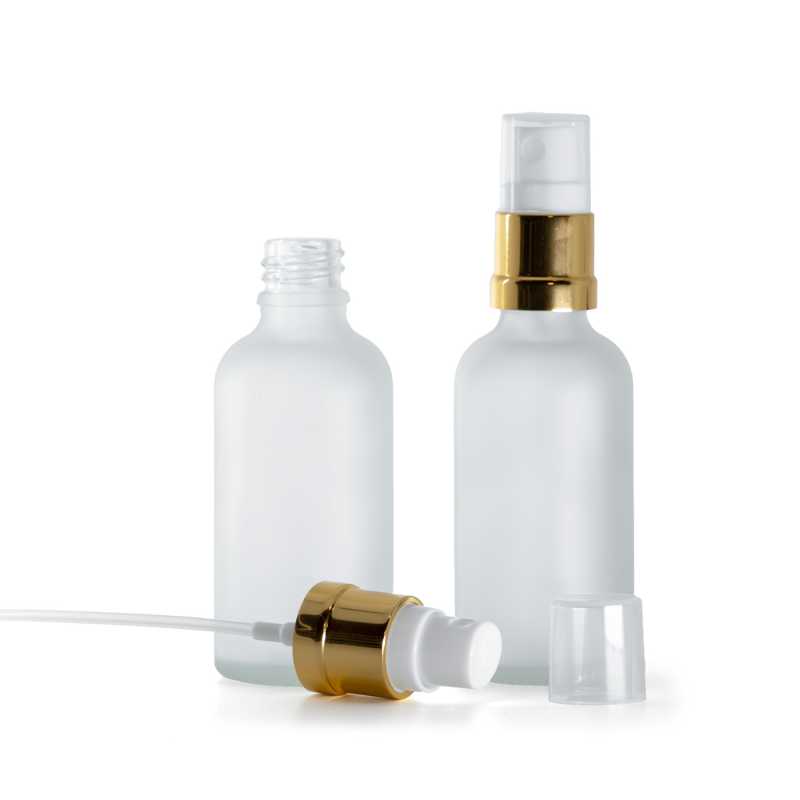 Botella de vidrio esmerilado transparente, pulverizador blanco oro brillante, 50 ml