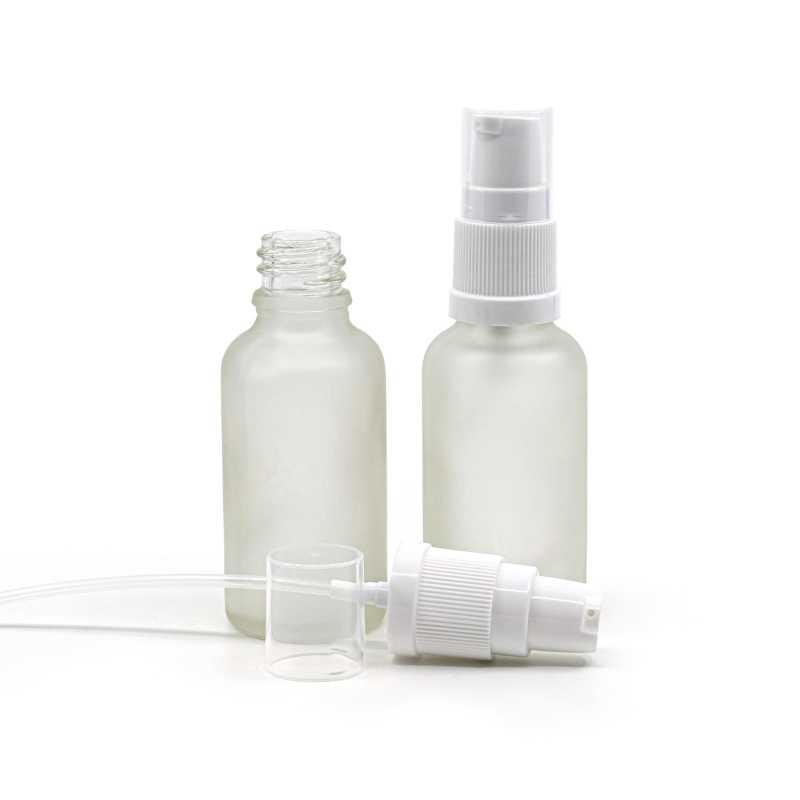Botella de vidrio, esmerilada transparente, bomba dosificadora blanca, 30 ml
