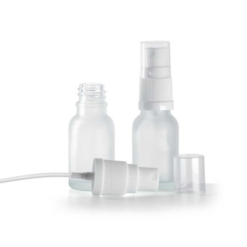 Botella de vidrio esmerilado transparente, pulverizador blanco, 15 ml