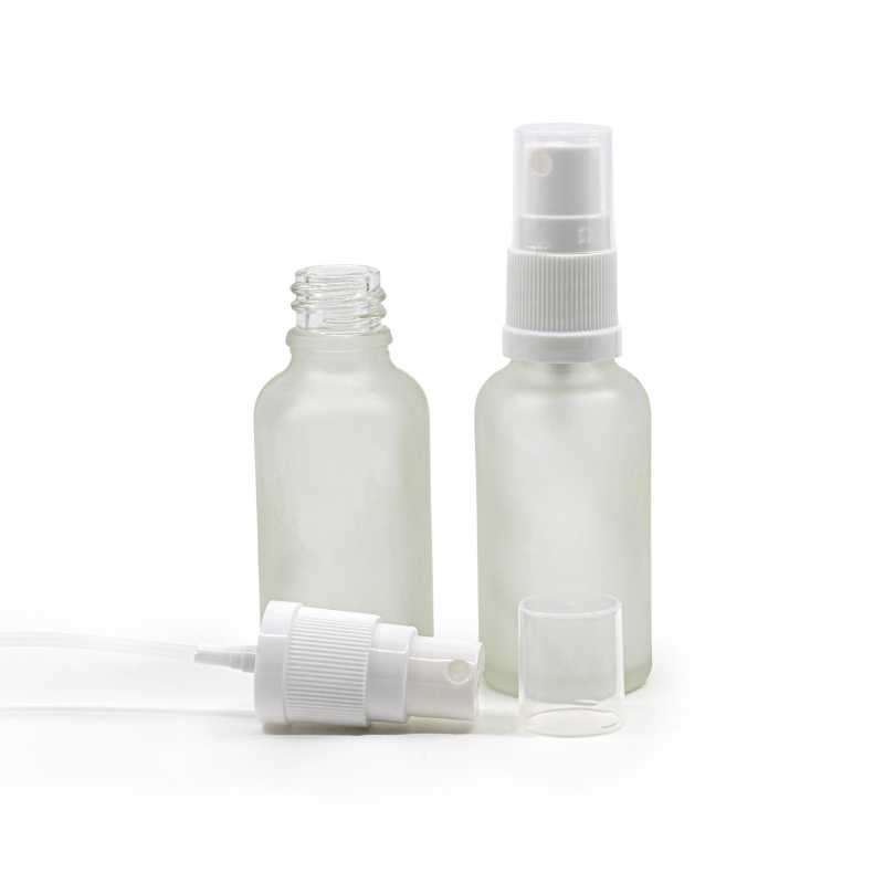 Botella de vidrio esmerilado transparente, pulverizador blanco, 30 ml