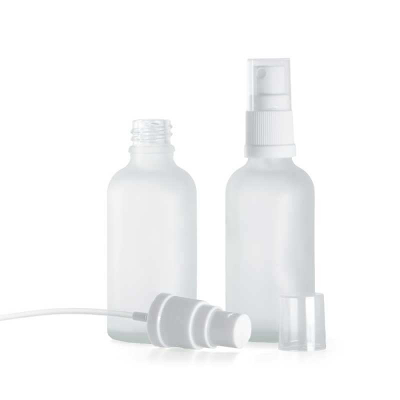 Botella de vidrio, transparente esmerilada, pulverizador blanco, 50 ml