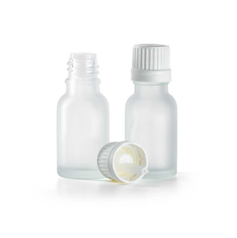 Frasco de vidrio transparente esmerilado, tapón blanco con cuentagotas interior, 15 ml