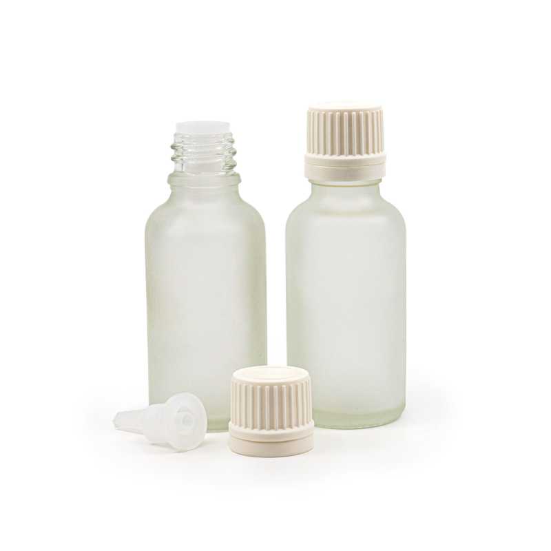 Frasco de vidrio esmerilado transparente, tapón cuentagotas blanco, 30 ml
