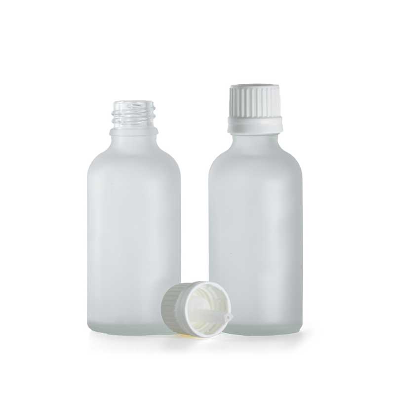 Frasco de vidrio transparente esmerilado, tapón blanco con cuentagotas, 50 ml