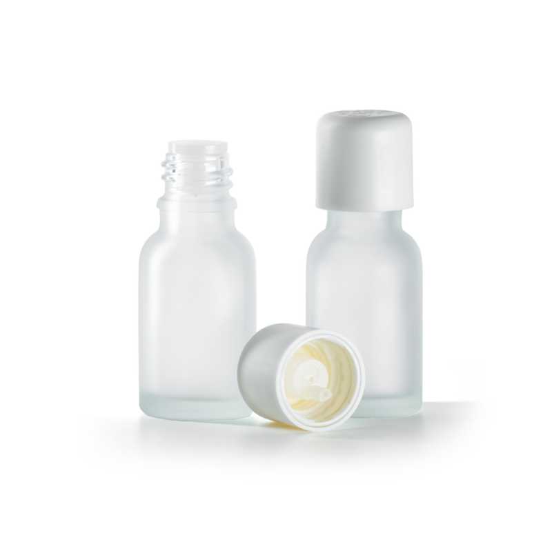 Botella de vidrio esmerilado transparente, tapón de seguridad blanco con cuentagotas, 15 ml