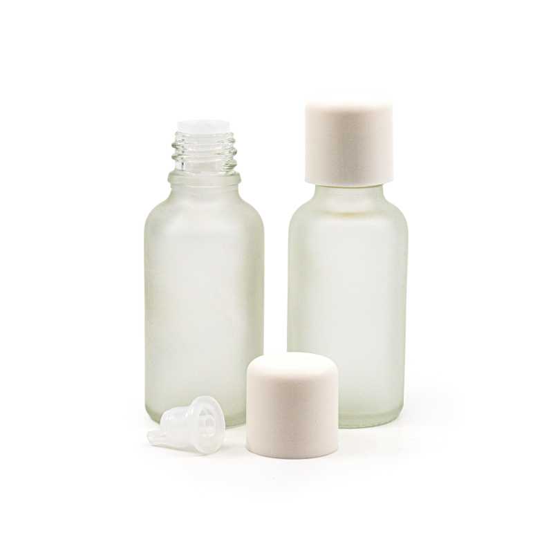 Botella de vidrio esmerilado transparente, tapón de seguridad blanco con cuentagotas, 30 ml