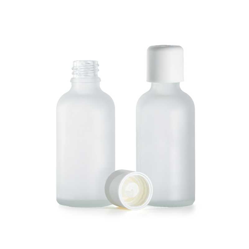 Botella de vidrio esmerilado transparente, tapón de seguridad blanco con cuentagotas, 50 ml