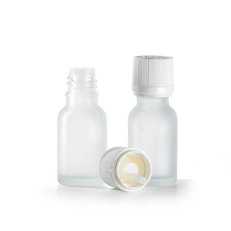 Botella de vidrio esmerilado transparente, tapón de seguridad inviolable blanco con cuentagotas, 15 ml