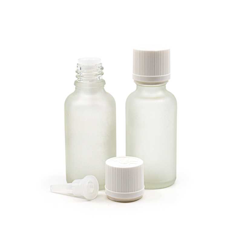 Botella de vidrio, transparente esmerilada, tapón de seguridad blanco con cuentagotas, 30 ml