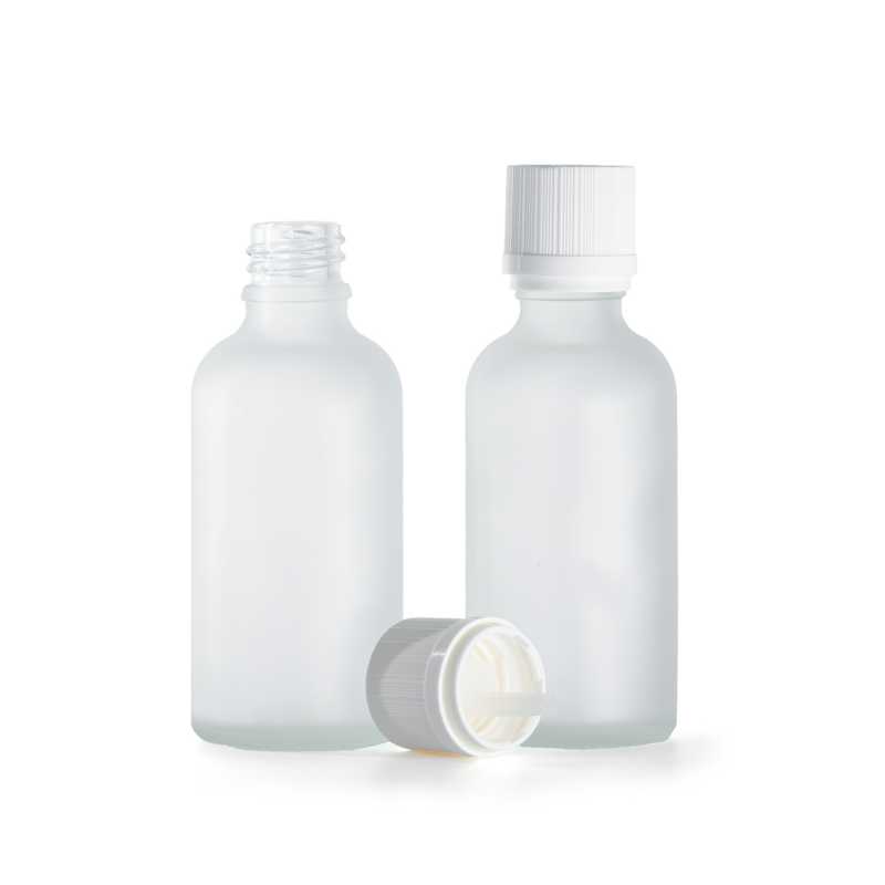 Botella de vidrio esmerilado transparente, tapón de seguridad inviolable blanco con cuentagotas, 50 ml