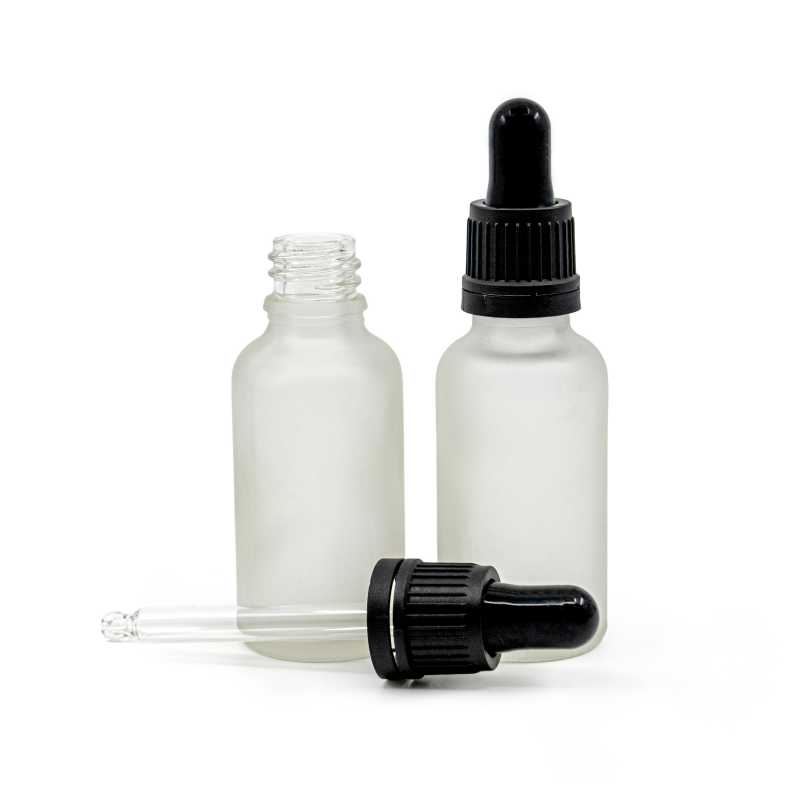 Frasco de vidrio, transparente esmerilado, cuentagotas negro inviolable, 30 ml
