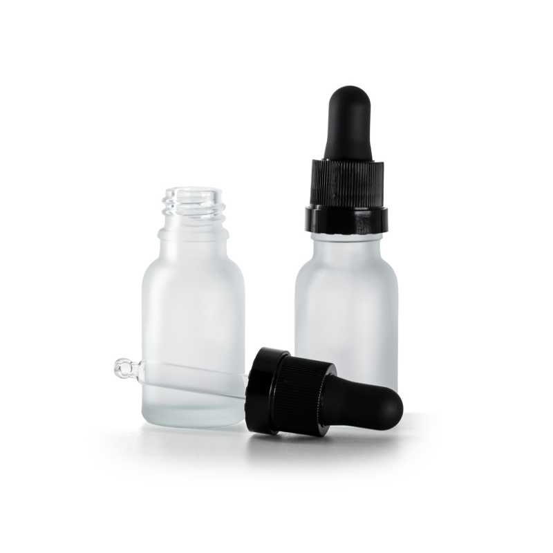 Botella de vidrio esmerilado transparente, cuentagotas negro mate con franja brillante, 15 ml