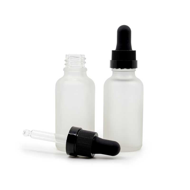 Frasco de vidrio, esmerilado transparente, cuentagotas negro mate con anillo brillante, 30 ml