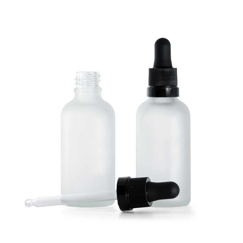 Botella de vidrio, esmerilada transparente, cuentagotas negro mate con franja brillante, 50 ml