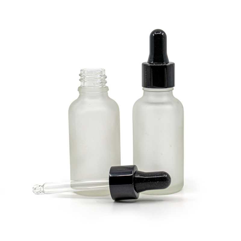 Botella de vidrio, transparente esmerilada, cuentagotas negro brillante, 30 ml
