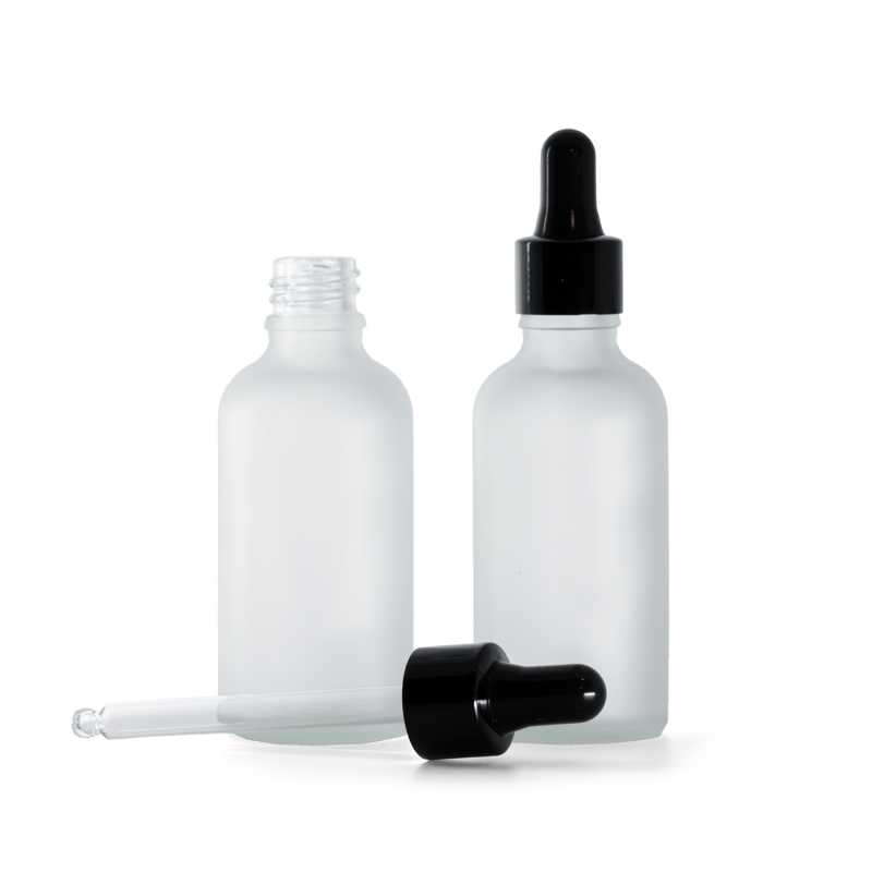 Botella de vidrio esmerilado transparente, cuentagotas negro brillante, 50 ml
