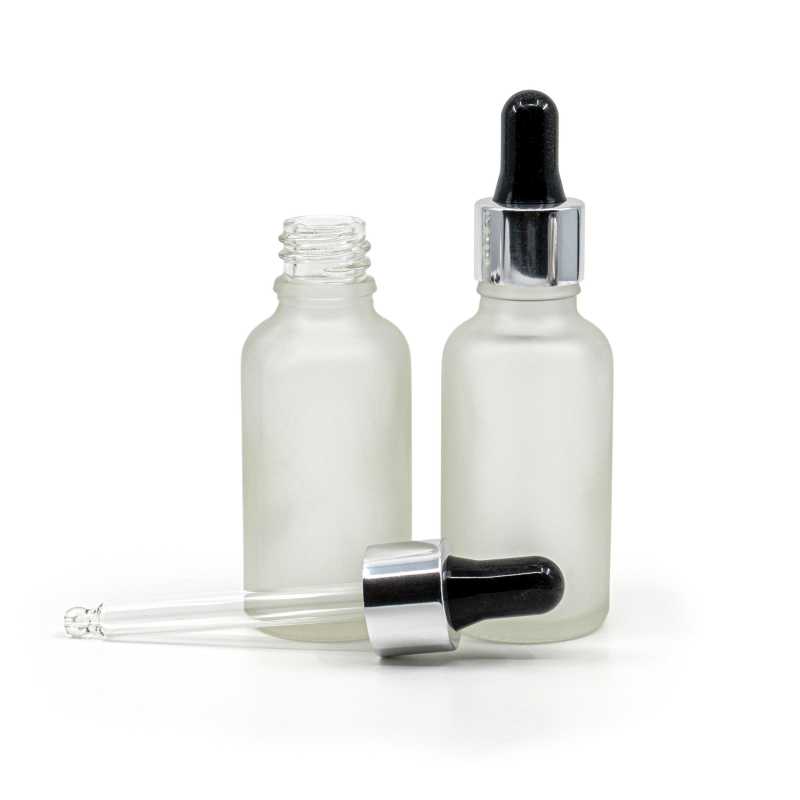 Botella de vidrio, esmerilada transparente, cuentagotas negro plateado, 30 ml