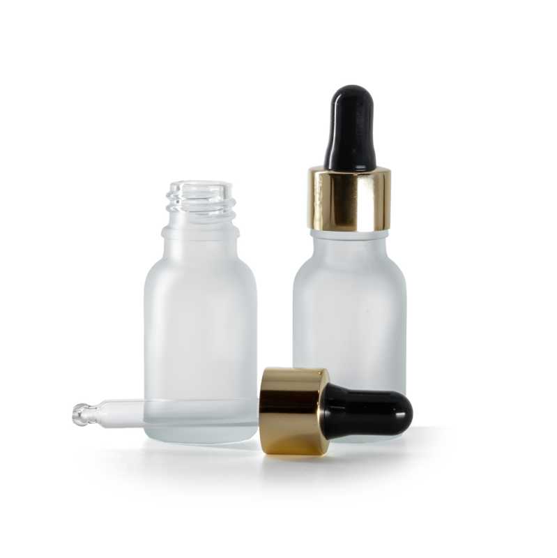 Frasco de vidrio esmerilado transparente, gotero negro y dorado, 15 ml