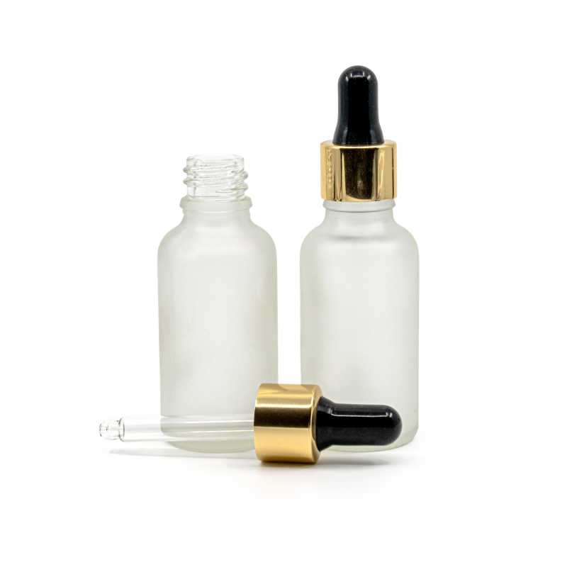 Botella de vidrio, transparente mate, cuentagotas negro y dorado, 30 ml