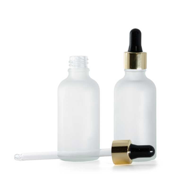 Frasco de vidrio, esmerilado transparente, cuentagotas negro y dorado, 50 ml