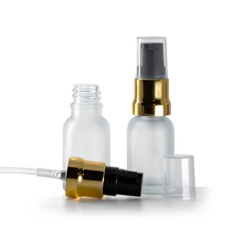 Botella de vidrio esmerilado transparente, dosificador negro y dorado brillante con tapa transparente, 15 ml