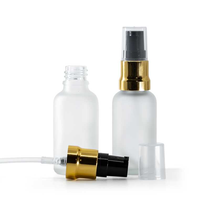 Botella de vidrio esmerilado transparente, dispensador negro y dorado brillante con tapa transparente, 30 ml