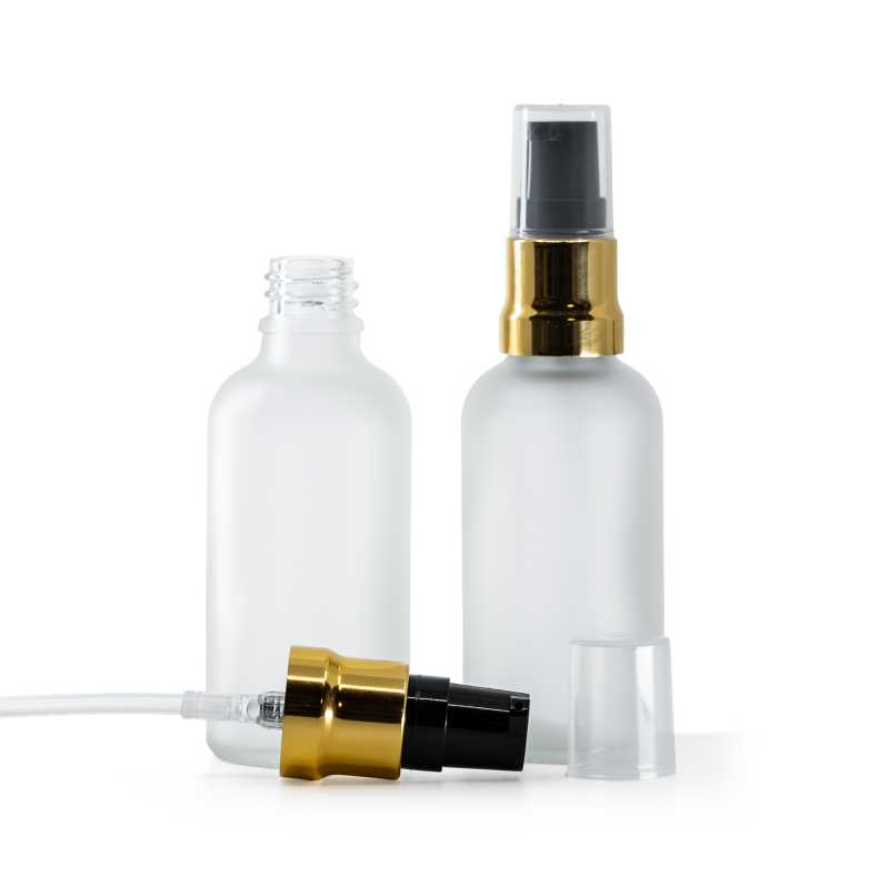 Frasco de vidrio esmerilado transparente, dispensador negro y dorado brillante, tapa transparente, 50 ml