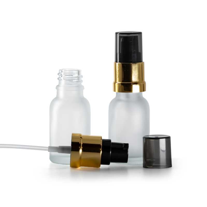 Frasco de vidrio transparente mate, bomba negra y dorada brillante con sobretapa ahumada, 15 ml