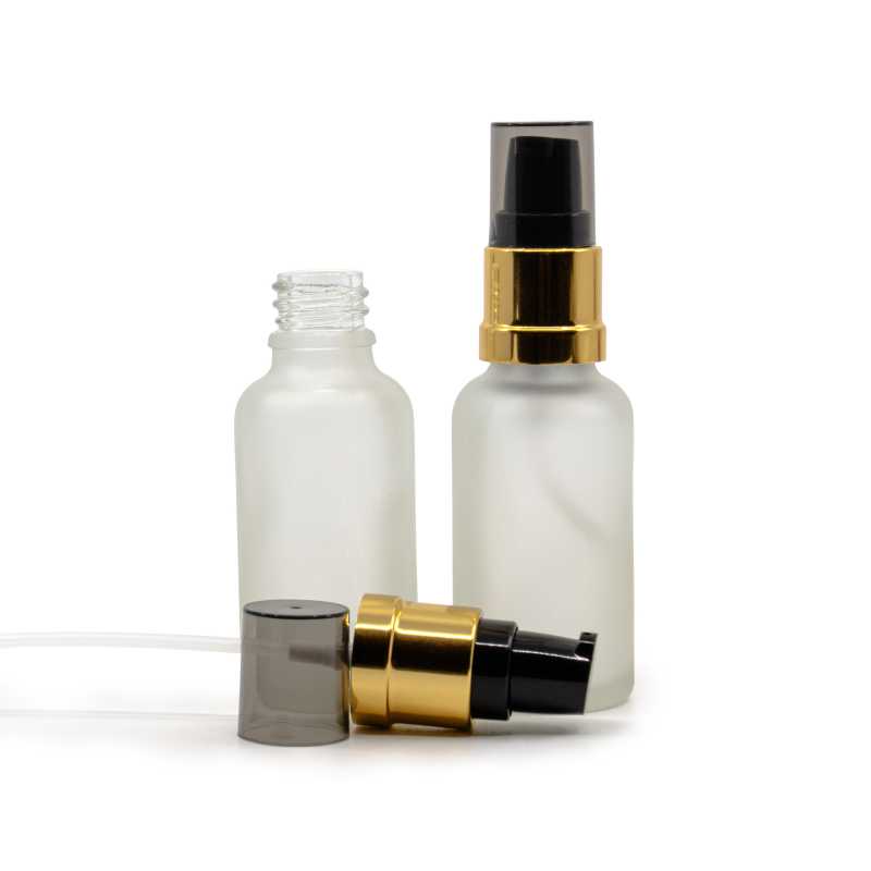 Frasco de vidrio transparente mate, dispensador negro y dorado brillante con sobretapa ahumada, 30 ml