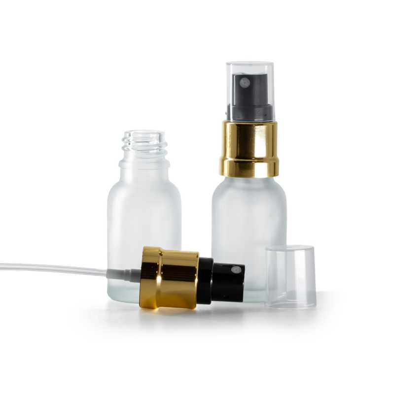 Botella de vidrio esmerilado transparente, pulverizador negro dorado brillante, 15 ml