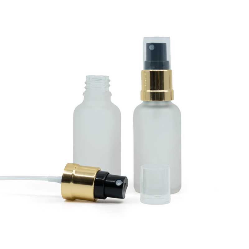 Botella de vidrio esmerilado transparente, pulverizador negro y dorado brillante, 30 ml