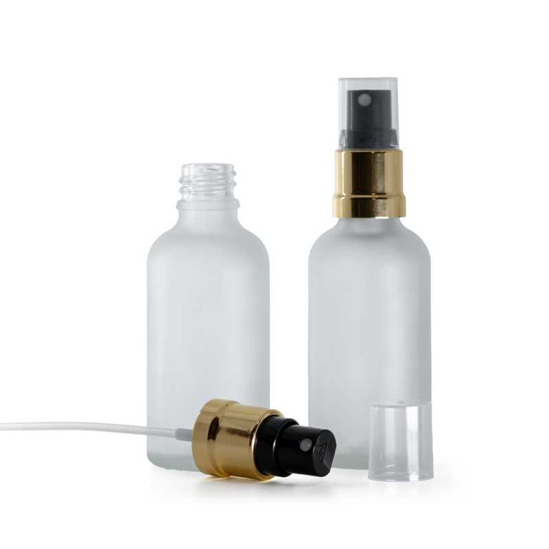 Botella de vidrio esmerilado transparente, pulverizador negro dorado brillante, 50 ml