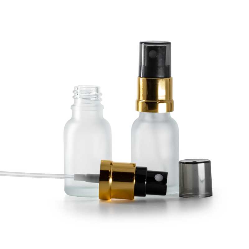Frasco de vidrio transparente esmerilado, pulverizador negro y dorado, sobretapa ahumada, 15 ml