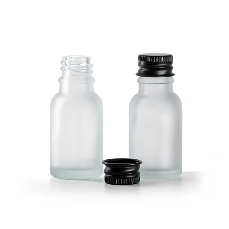 Botella de vidrio esmerilado transparente, tapón de aluminio negro, 15 ml