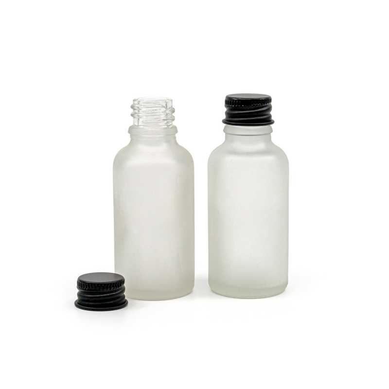 Botella de vidrio esmerilado transparente, tapón de aluminio negro, 30 ml