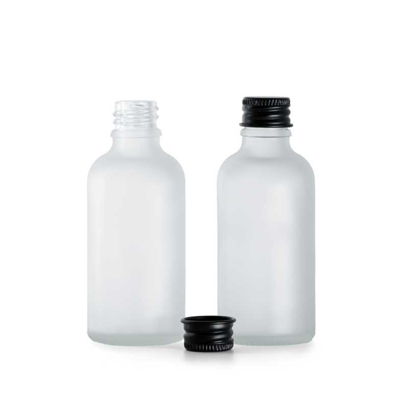 Botella de vidrio esmerilado transparente, tapón de aluminio negro, 50 ml