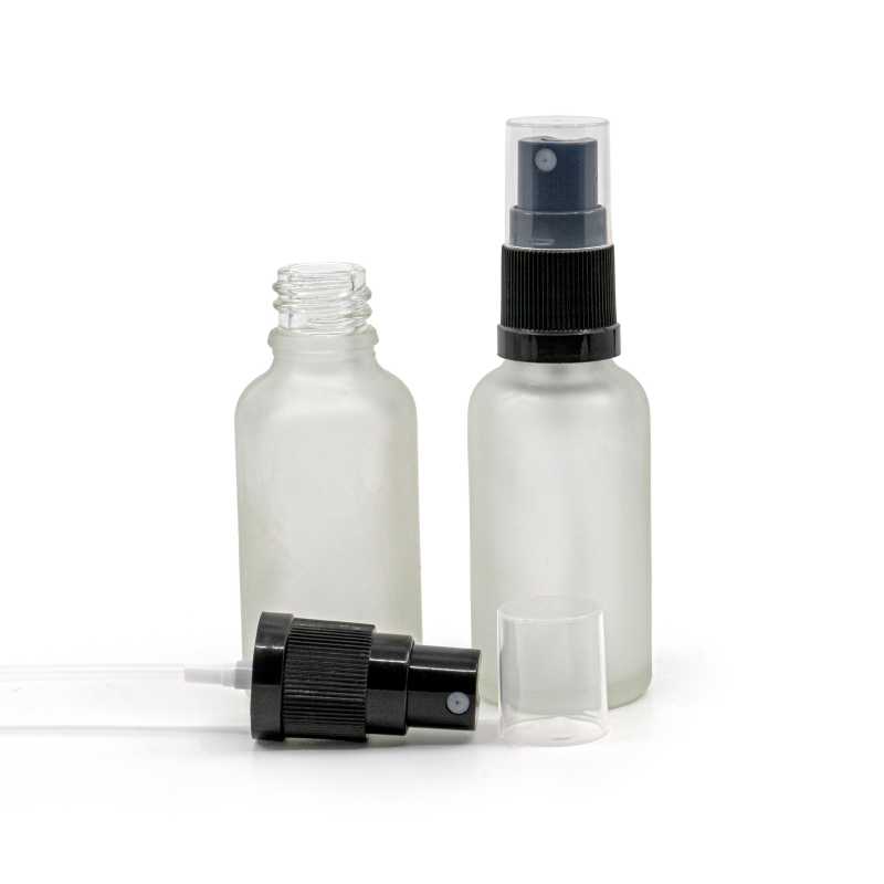 Botella de vidrio, transparente esmerilada, pulverizador negro, 30 ml